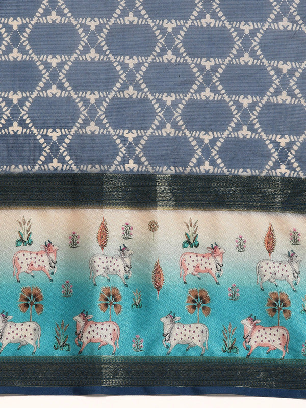 Blue Kanjeevaram Silk Digital Print Geomatric Saree with Unstitched Blouse - Hiral Fashion | Swadesiicart