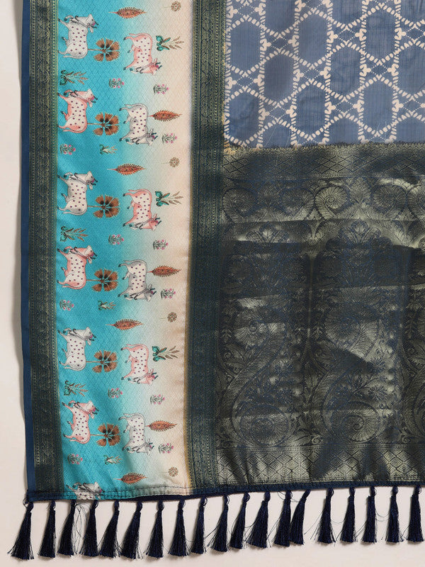 Blue Kanjeevaram Silk Digital Print Geomatric Saree with Unstitched Blouse - Hiral Fashion | Swadesiicart
