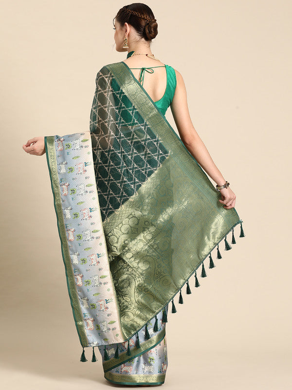 Green Kanjeevaram Silk Digital Print Geomatric Saree with Unstitched Blouse - Hiral Fashion | Swadesiicart