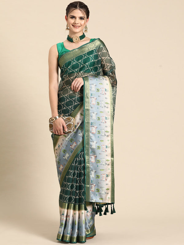 Green Kanjeevaram Silk Digital Print Geomatric Saree with Unstitched Blouse - Hiral Fashion | Swadesiicart