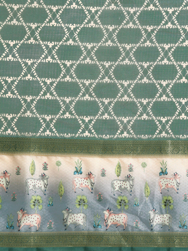 Green Kanjeevaram Silk Digital Print Geomatric Saree with Unstitched Blouse - Hiral Fashion | Swadesiicart