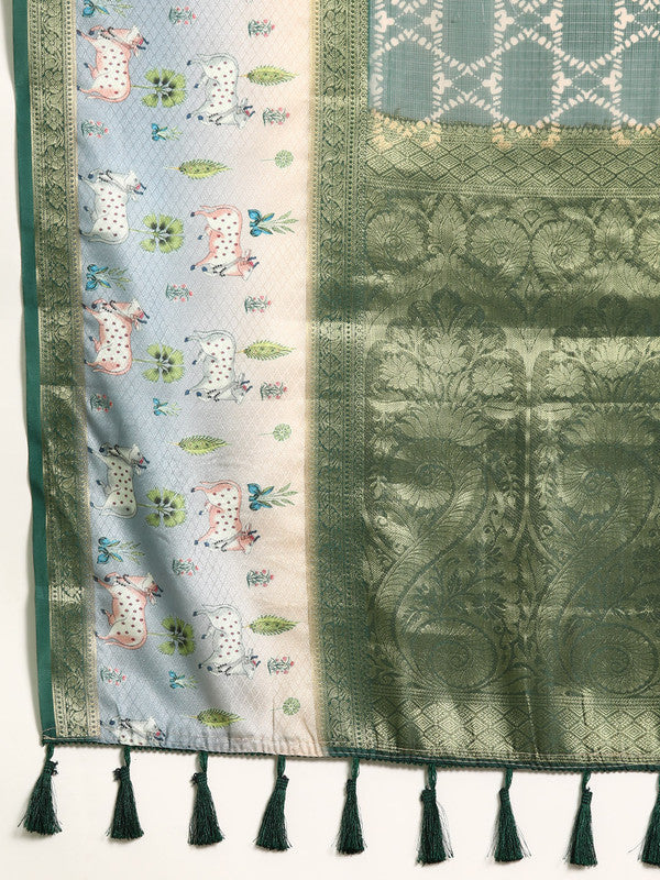 Green Kanjeevaram Silk Digital Print Geomatric Saree with Unstitched Blouse - Hiral Fashion | Swadesiicart