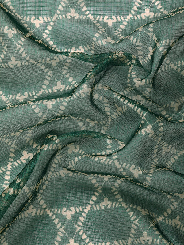Green Kanjeevaram Silk Digital Print Geomatric Saree with Unstitched Blouse - Hiral Fashion | Swadesiicart