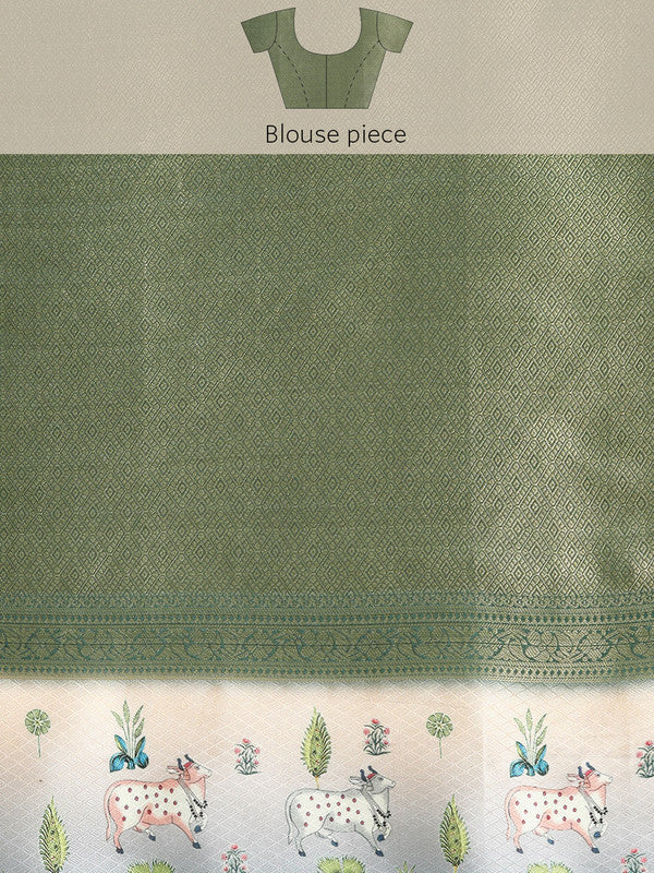 Green Kanjeevaram Silk Digital Print Geomatric Saree with Unstitched Blouse - Hiral Fashion | Swadesiicart