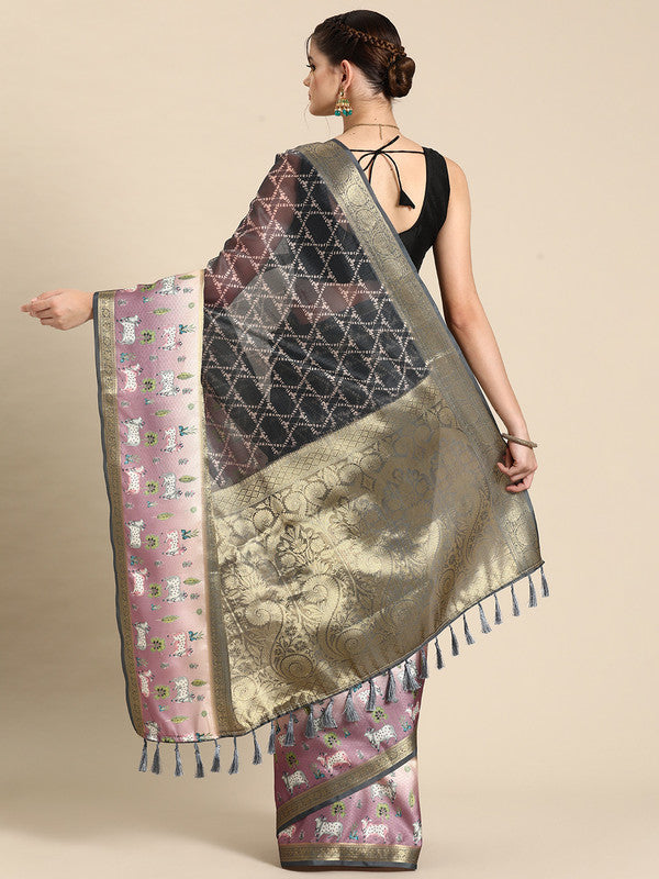 Gray Kanjeevaram Silk Digital Print Geomatric Saree with Unstitched Blouse - Hiral Fashion | Swadesiicart