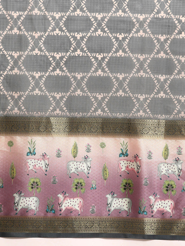 Gray Kanjeevaram Silk Digital Print Geomatric Saree with Unstitched Blouse - Hiral Fashion | Swadesiicart