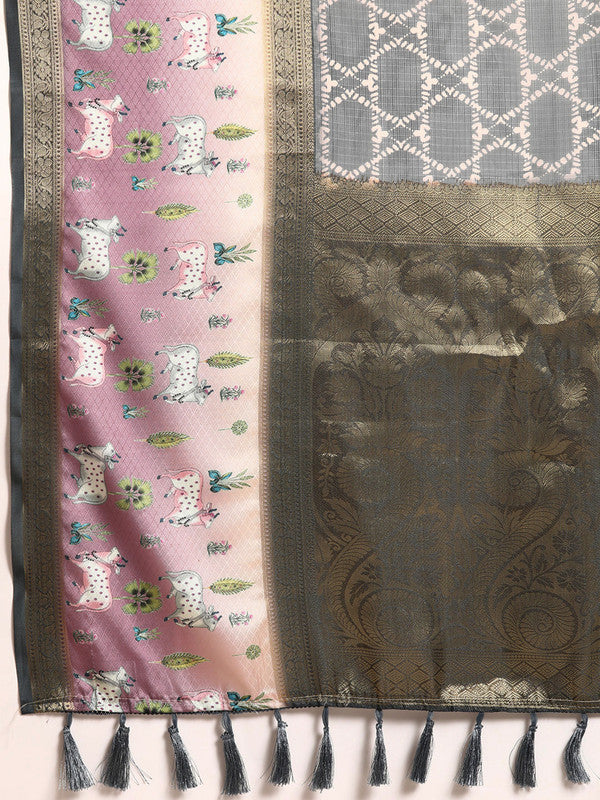Gray Kanjeevaram Silk Digital Print Geomatric Saree with Unstitched Blouse - Hiral Fashion | Swadesiicart