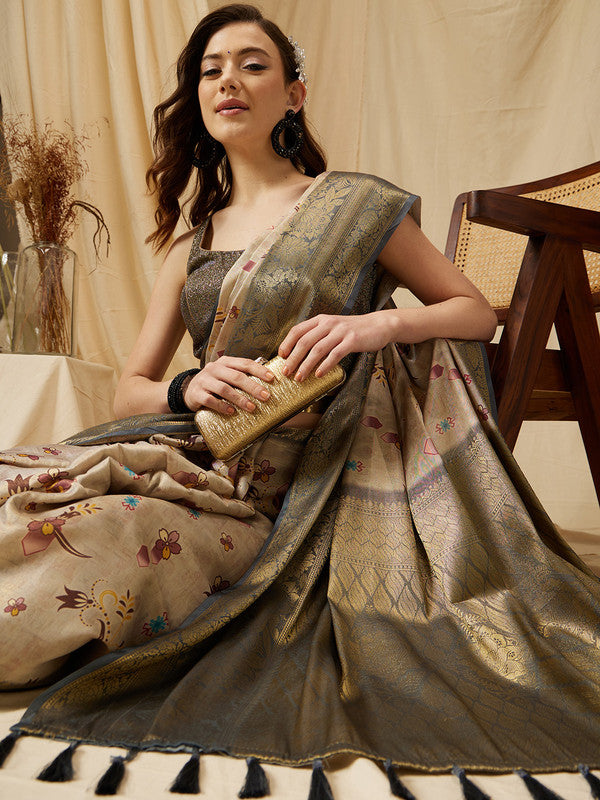 Beige Tissue Silk Digital Print Floral Saree with Unstitched Blouse - Hiral Fashion | Swadesiicart