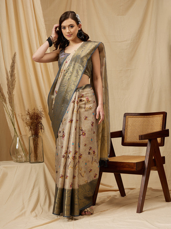 Beige Tissue Silk Digital Print Floral Saree with Unstitched Blouse - Hiral Fashion | Swadesiicart