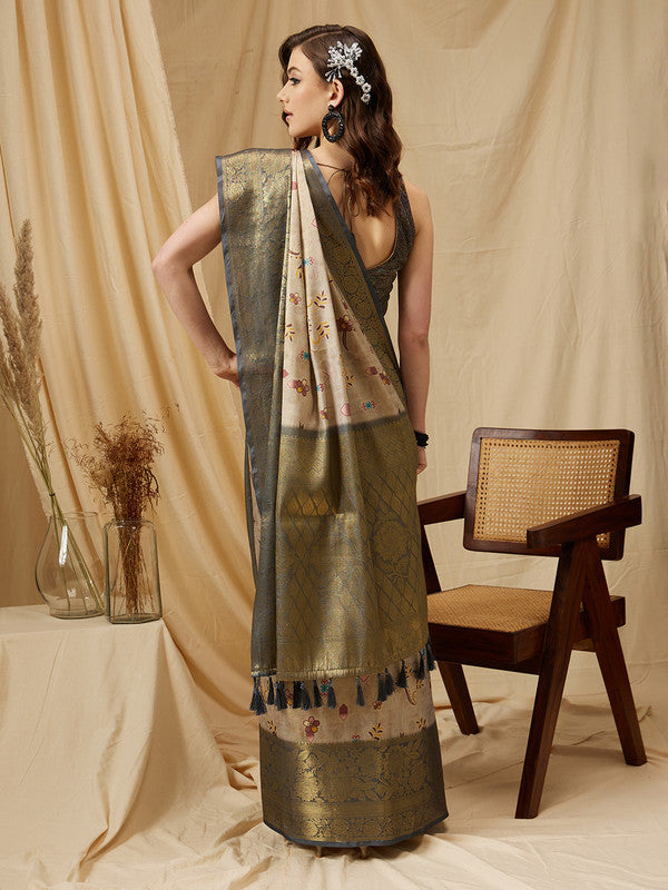 Beige Tissue Silk Digital Print Floral Saree with Unstitched Blouse - Hiral Fashion | Swadesiicart