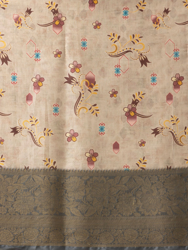 Beige Tissue Silk Digital Print Floral Saree with Unstitched Blouse - Hiral Fashion | Swadesiicart
