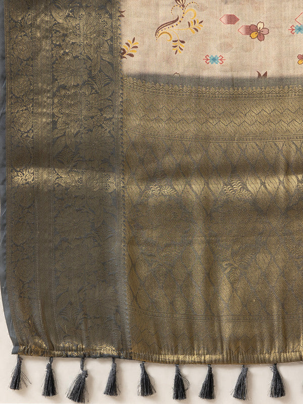 Beige Tissue Silk Digital Print Floral Saree with Unstitched Blouse - Hiral Fashion | Swadesiicart