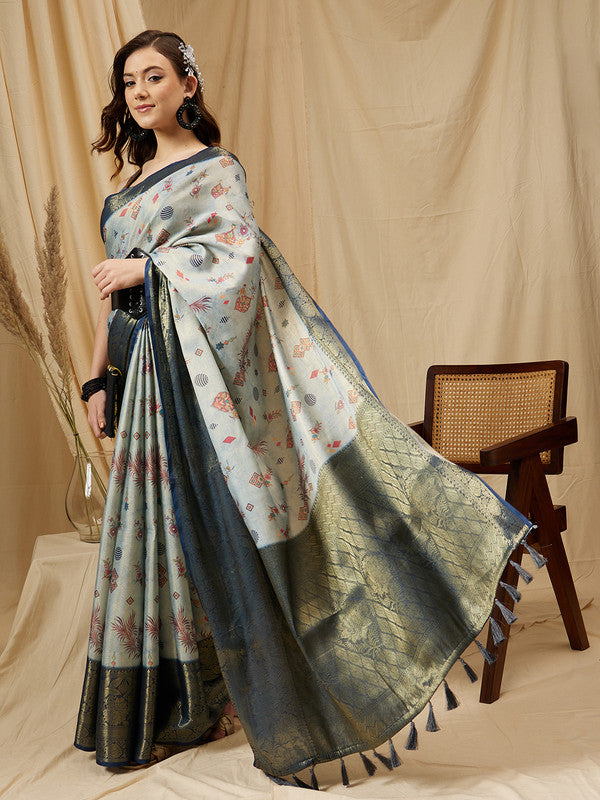 Gray Tissue Silk Digital Print Floral Saree with Unstitched Blouse - Hiral Fashion | Swadesiicart