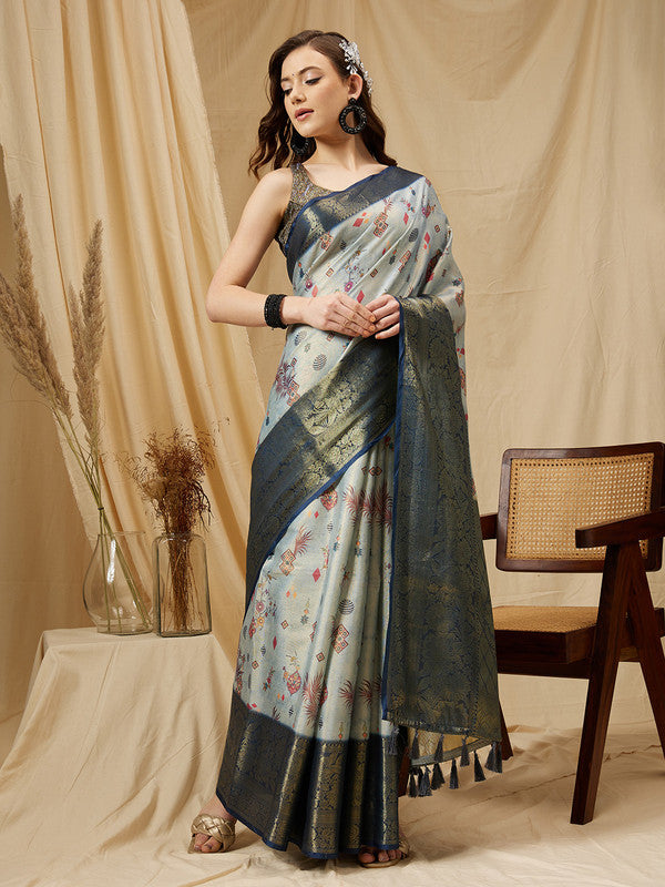 Gray Tissue Silk Digital Print Floral Saree with Unstitched Blouse - Hiral Fashion | Swadesiicart