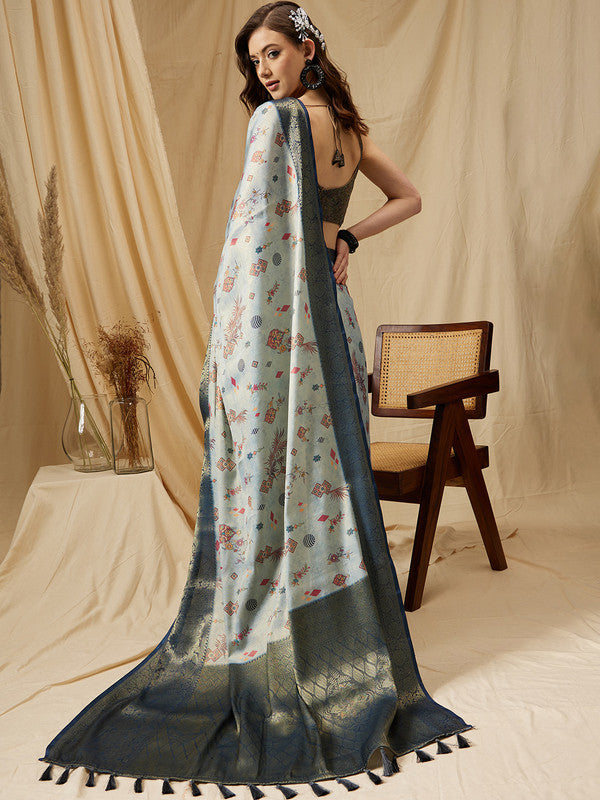 Gray Tissue Silk Digital Print Floral Saree with Unstitched Blouse - Hiral Fashion | Swadesiicart