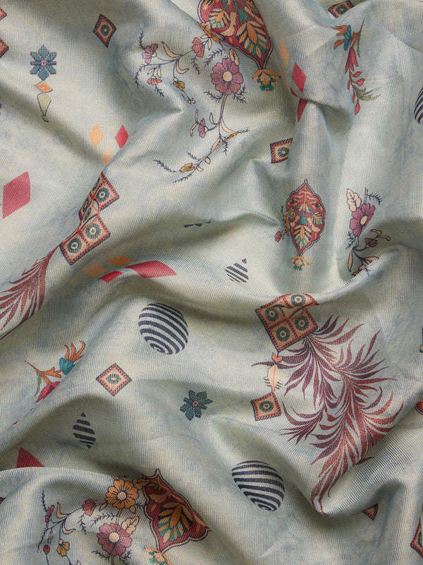 Gray Tissue Silk Digital Print Floral Saree with Unstitched Blouse - Hiral Fashion | Swadesiicart
