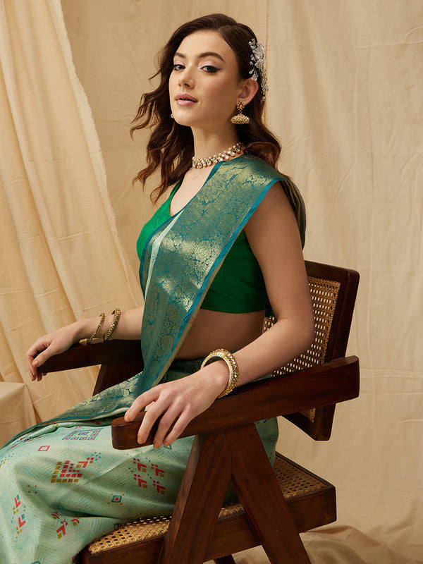 Turquoise Tissue Silk Digital Print Geomatric Saree with Unstitched Blouse - Hiral Fashion | Swadesiicart