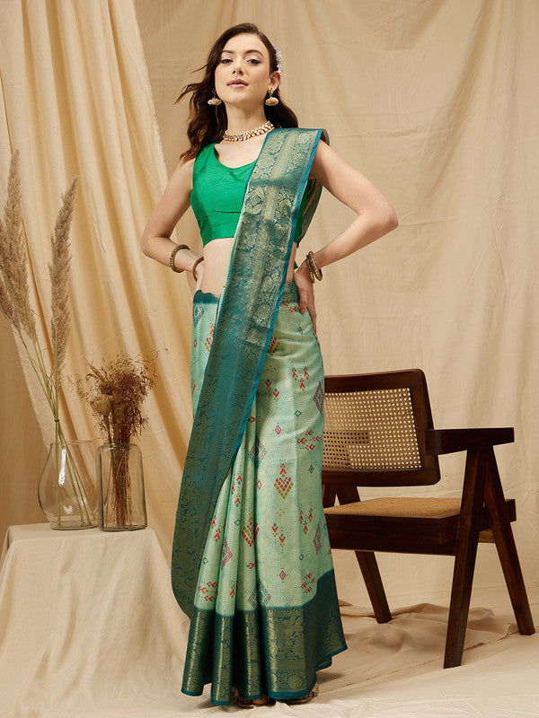 Turquoise Tissue Silk Digital Print Geomatric Saree with Unstitched Blouse - Hiral Fashion | Swadesiicart
