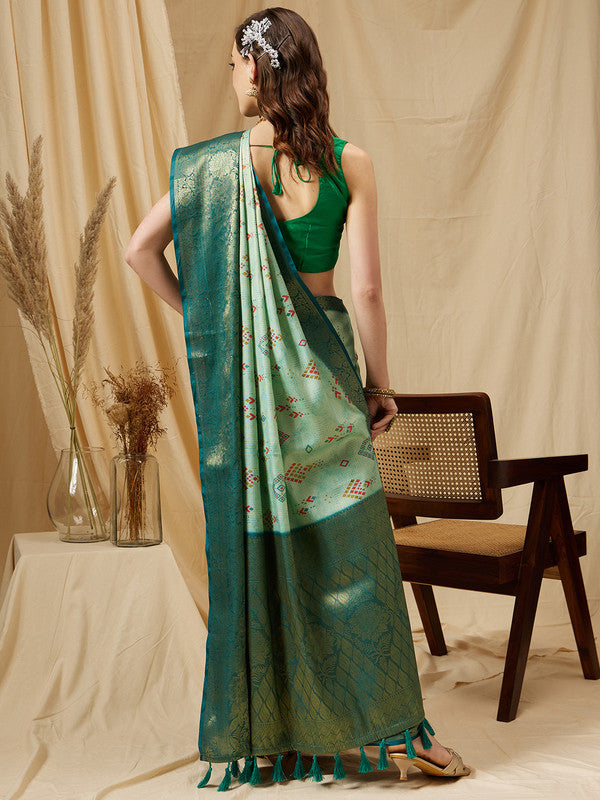 Turquoise Tissue Silk Digital Print Geomatric Saree with Unstitched Blouse - Hiral Fashion | Swadesiicart
