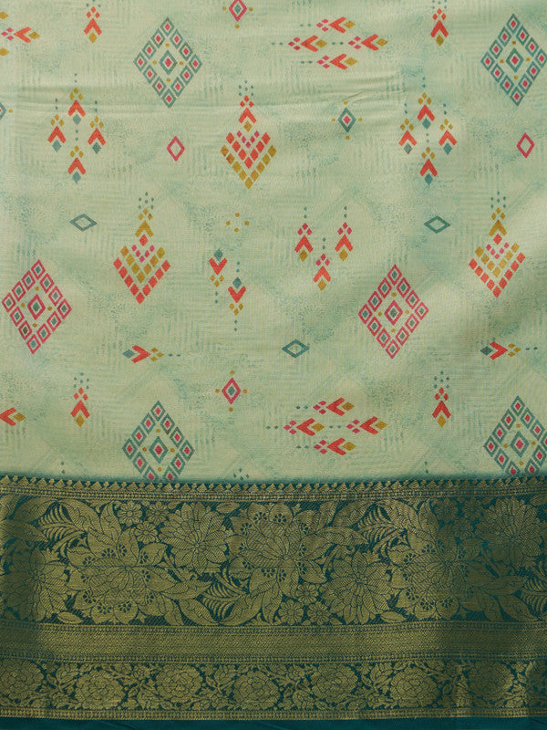 Turquoise Tissue Silk Digital Print Geomatric Saree with Unstitched Blouse - Hiral Fashion | Swadesiicart