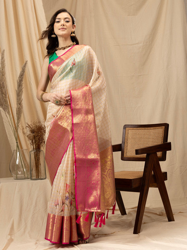 Beige Munga Silk Digital Print Floral Saree with Unstitched Blouse - Hiral Fashion | Swadesiicart