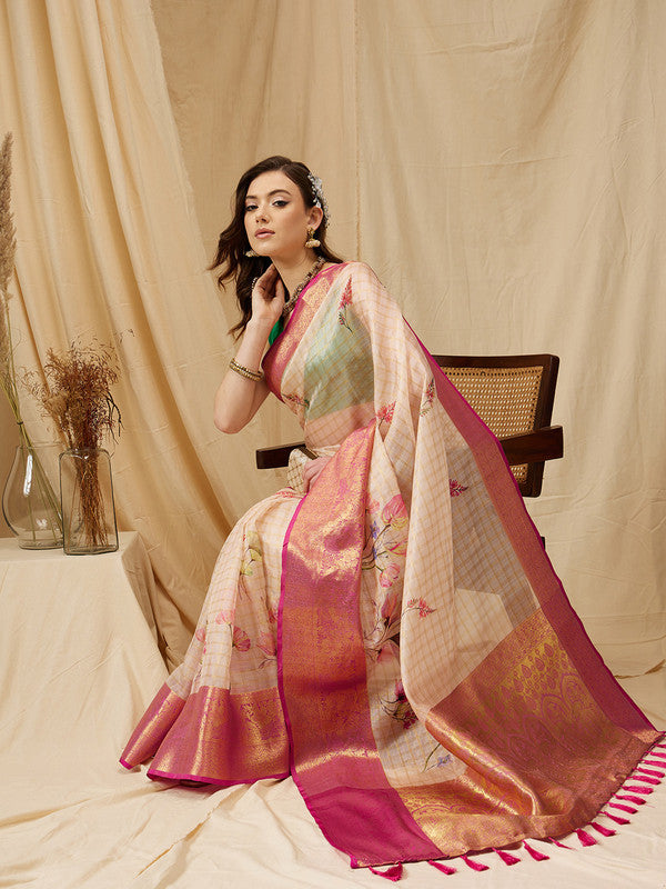 Beige Munga Silk Digital Print Floral Saree with Unstitched Blouse - Hiral Fashion | Swadesiicart