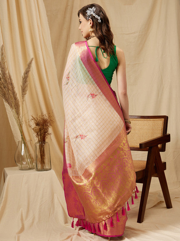 Beige Munga Silk Digital Print Floral Saree with Unstitched Blouse - Hiral Fashion | Swadesiicart