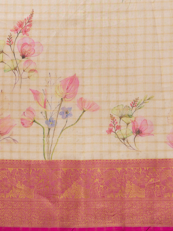 Beige Munga Silk Digital Print Floral Saree with Unstitched Blouse - Hiral Fashion | Swadesiicart