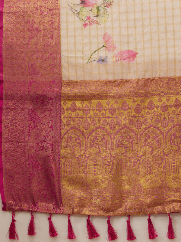 Beige Munga Silk Digital Print Floral Saree with Unstitched Blouse - Hiral Fashion | Swadesiicart