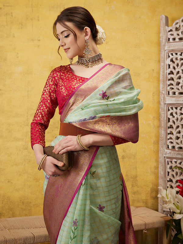 Green Munga Silk Digital Print Floral Saree with Unstitched Blouse - Hiral Fashion | Swadesiicart