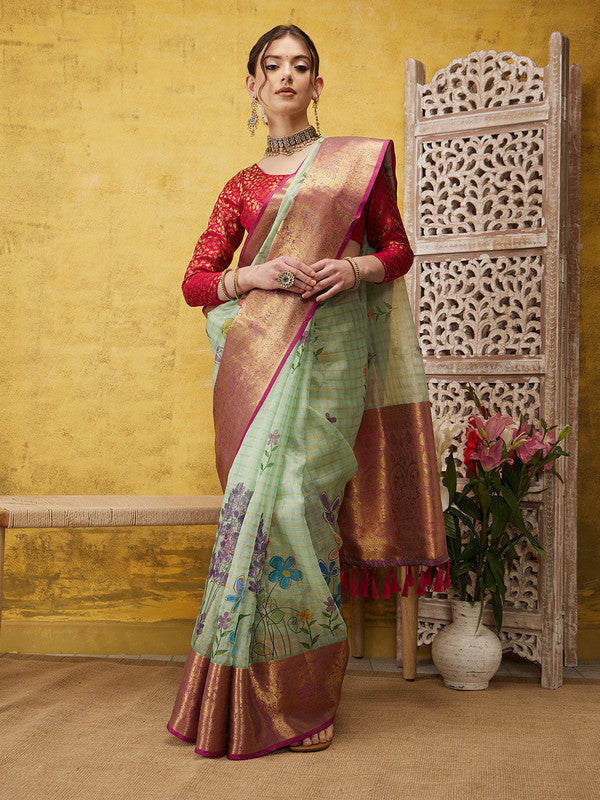 Green Munga Silk Digital Print Floral Saree with Unstitched Blouse - Hiral Fashion | Swadesiicart