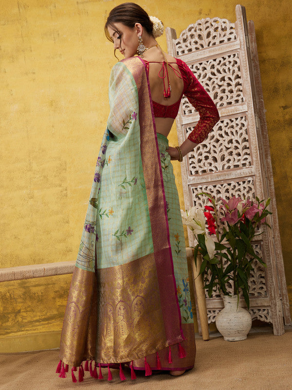 Green Munga Silk Digital Print Floral Saree with Unstitched Blouse - Hiral Fashion | Swadesiicart