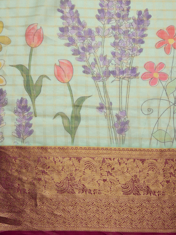 Green Munga Silk Digital Print Floral Saree with Unstitched Blouse - Hiral Fashion | Swadesiicart