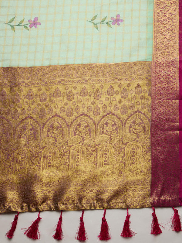 Green Munga Silk Digital Print Floral Saree with Unstitched Blouse - Hiral Fashion | Swadesiicart
