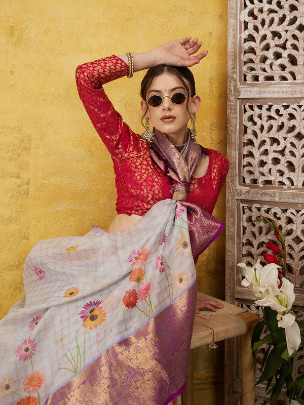 Lavender Munga Silk Digital Print Floral Saree with Unstitched Blouse - Hiral Fashion | Swadesiicart