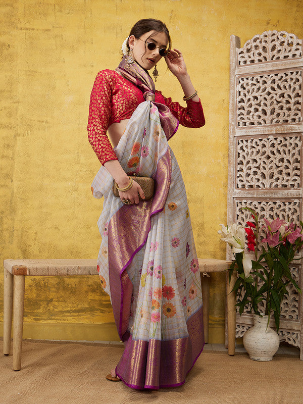 Lavender Munga Silk Digital Print Floral Saree with Unstitched Blouse - Hiral Fashion | Swadesiicart