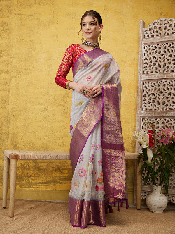 Lavender Munga Silk Digital Print Floral Saree with Unstitched Blouse - Hiral Fashion | Swadesiicart