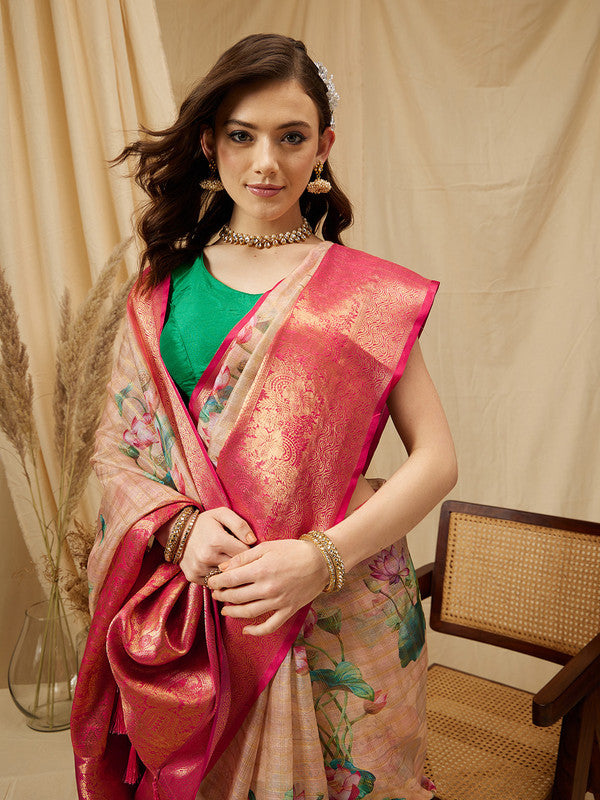 Peach Munga Silk Digital Print Floral Saree with Unstitched Blouse - Hiral Fashion | Swadesiicart