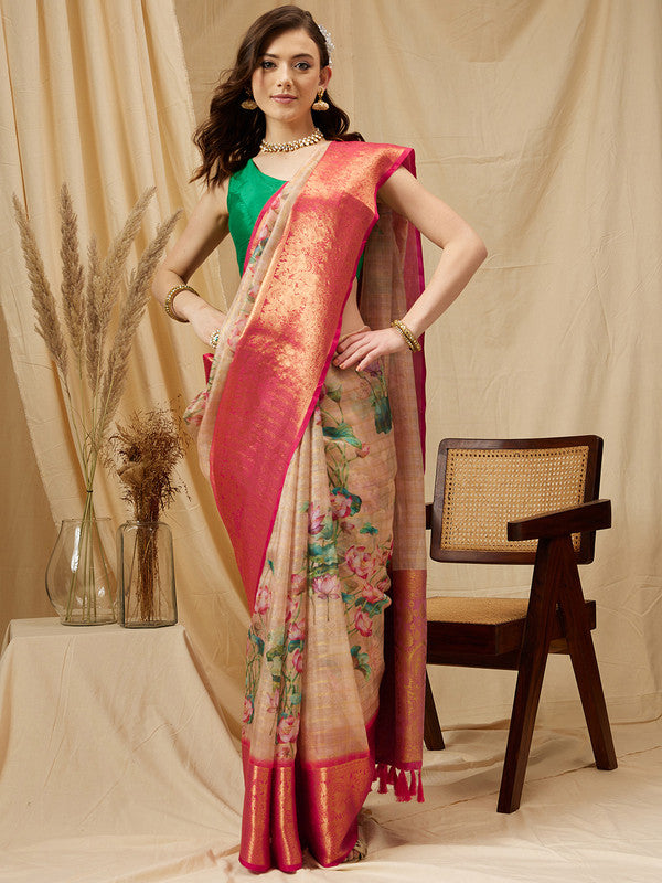 Peach Munga Silk Digital Print Floral Saree with Unstitched Blouse - Hiral Fashion | Swadesiicart