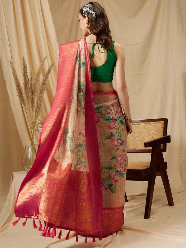 Peach Munga Silk Digital Print Floral Saree with Unstitched Blouse - Hiral Fashion | Swadesiicart