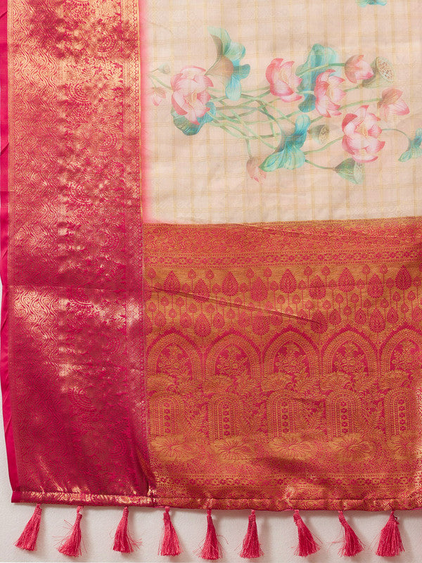 Peach Munga Silk Digital Print Floral Saree with Unstitched Blouse - Hiral Fashion | Swadesiicart