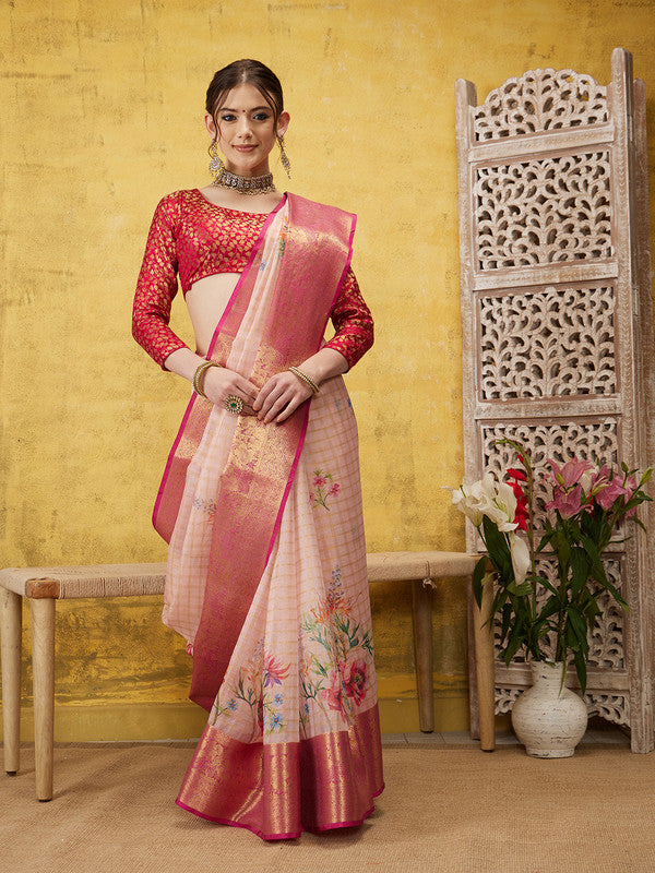 Pink Munga Silk Digital Print Floral Saree with Unstitched Blouse - Hiral Fashion | Swadesiicart