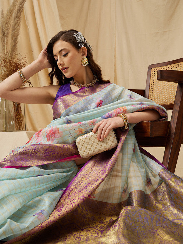 Sky Blue Munga Silk Digital Print Floral Saree with Unstitched Blouse - Hiral Fashion | Swadesiicart