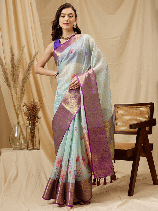 Sky Blue Munga Silk Digital Print Floral Saree with Unstitched Blouse - Hiral Fashion | Swadesiicart