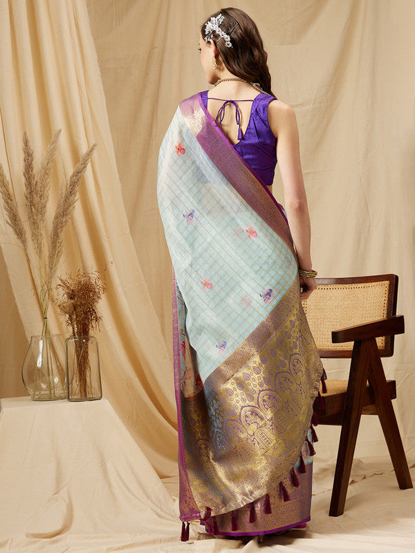 Sky Blue Munga Silk Digital Print Floral Saree with Unstitched Blouse - Hiral Fashion | Swadesiicart
