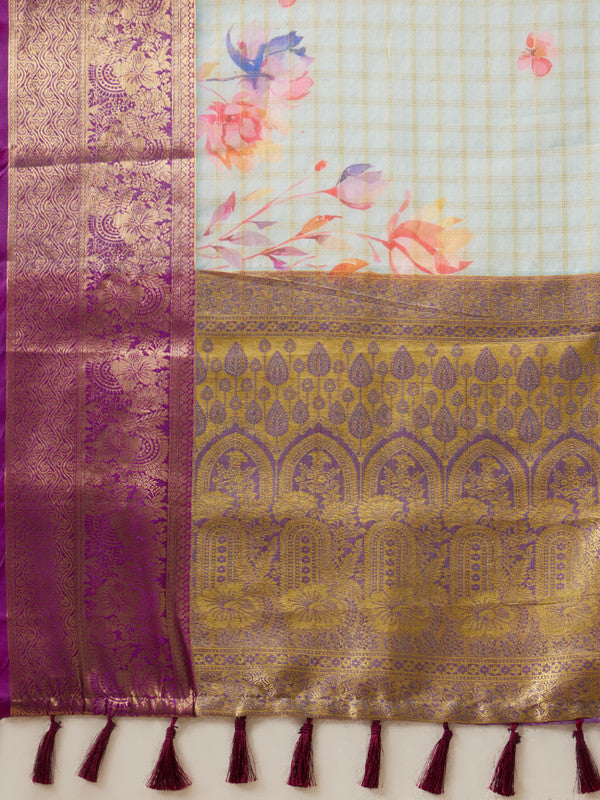 Sky Blue Munga Silk Digital Print Floral Saree with Unstitched Blouse - Hiral Fashion | Swadesiicart