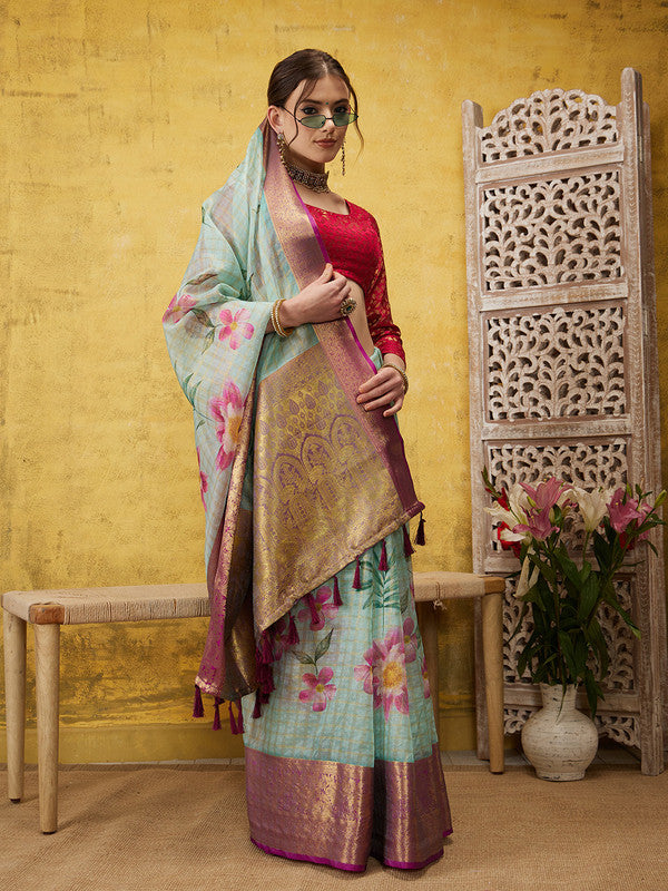 Turquoise Munga Silk Digital Print Floral Saree with Unstitched Blouse - Hiral Fashion | Swadesiicart