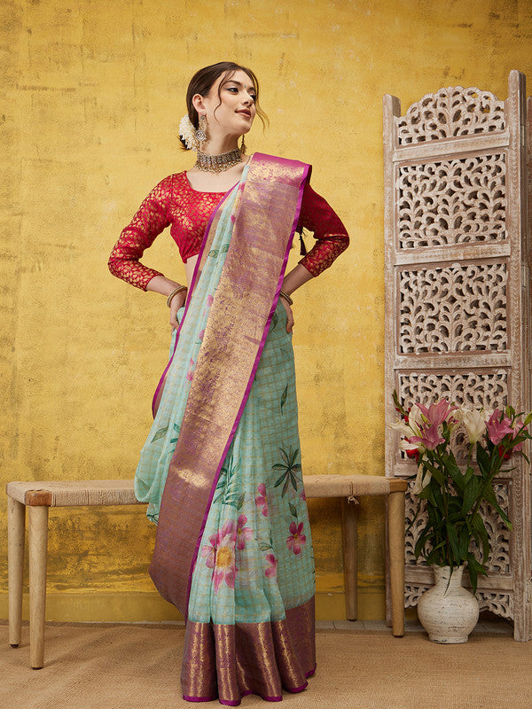 Turquoise Munga Silk Digital Print Floral Saree with Unstitched Blouse - Hiral Fashion | Swadesiicart
