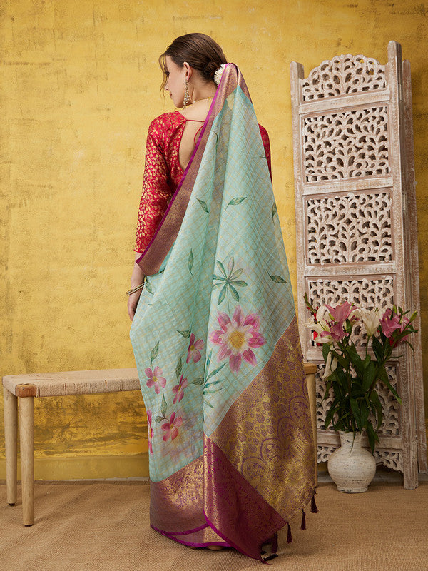 Turquoise Munga Silk Digital Print Floral Saree with Unstitched Blouse - Hiral Fashion | Swadesiicart