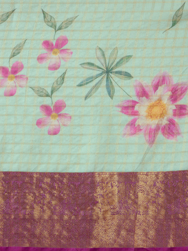 Turquoise Munga Silk Digital Print Floral Saree with Unstitched Blouse - Hiral Fashion | Swadesiicart
